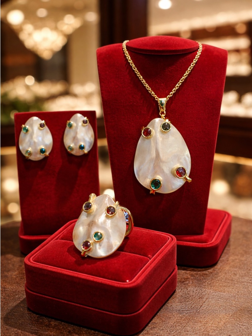 Genuine White Keshi Pearl Multi Gemstone Necklace Ring and Earrings Set